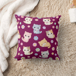 Coussin Adorable Kawaii Pastel Chat et Motif Floral
