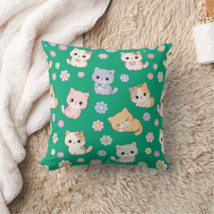 Coussin Adorable Kawaii Pastel Chat et Motif Floral 