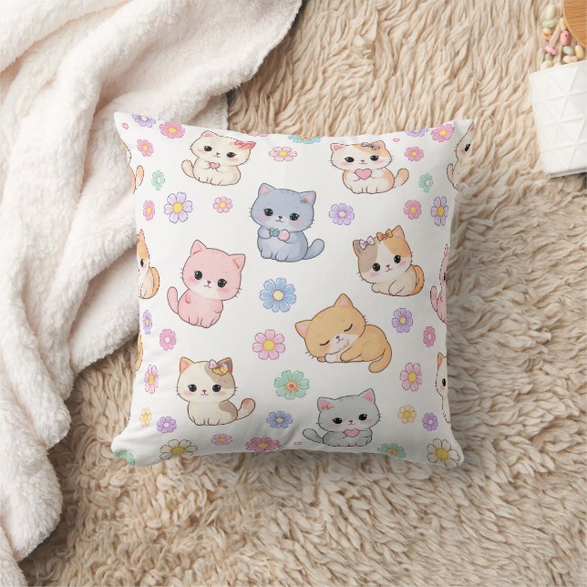 Coussin Adorable Kawaii Pastel Kitten and Floral Pattern  (Couverture)