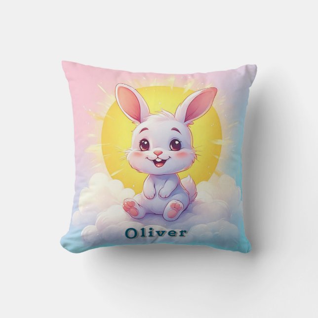 Coussin Adorable lapin de dessin assis sur un nuage (Recto)
