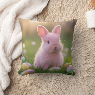 Coussin Adorable Lapin Rose Fluffy & Oeufs de Pâques