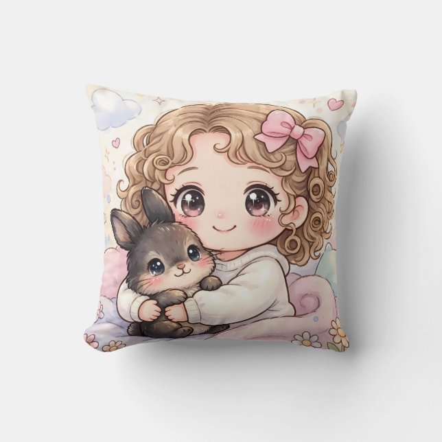 Coussin Adorable Niña con su Conejito Kawaii (Recto)