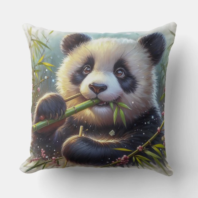Coussin Adorable Ours De Panda Mangeant Bambou (Recto)