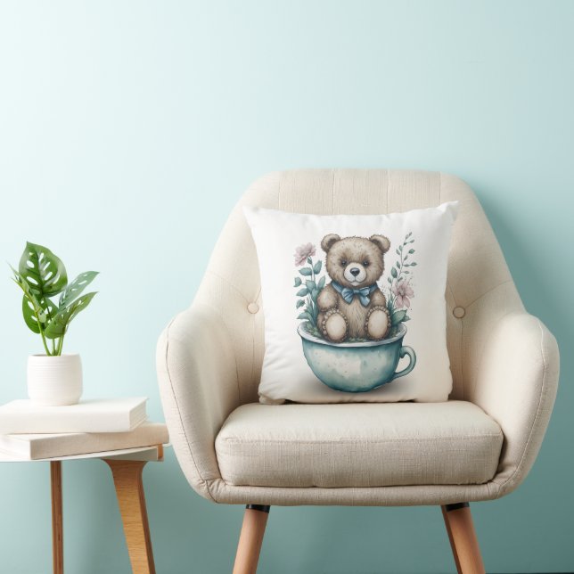 Coussin Adorable ours en peluche en tasse avec fleurs (Chaise)