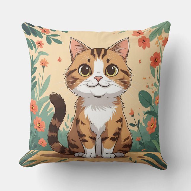 Coussin Adorable Tabby Cat in Blossom Garden Throw Pillow (Recto)