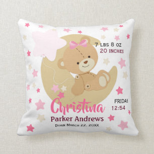 Coussin Adorable Teddy Bear Baby Girl Stats de naissance