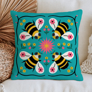 Coussin Adorables abeilles stylisées sur fond d'art folklo