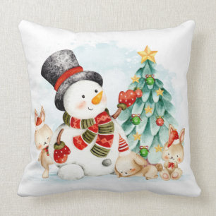 Coussin Adorables Bunnies Et Arbre De Snowman De Noël