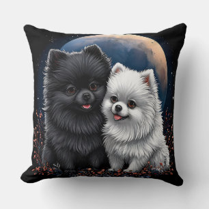Coussin Adorables chiots Pomeranian noir et blanc