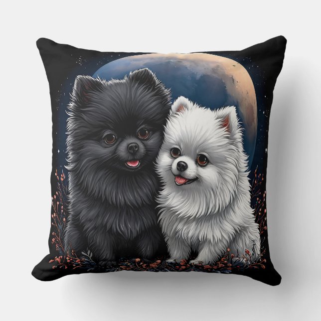 Coussin Adorables chiots Pomeranian noir et blanc (Recto)