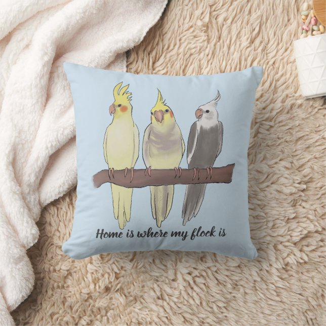 Coussin Adorables Perruches Calopsittes en Groupe sur une  (Couverture)