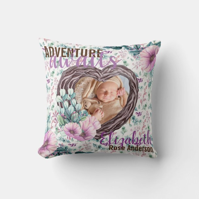 Coussin Adventure Await Baby Photo Birth Stats Nouveau Né (Recto)