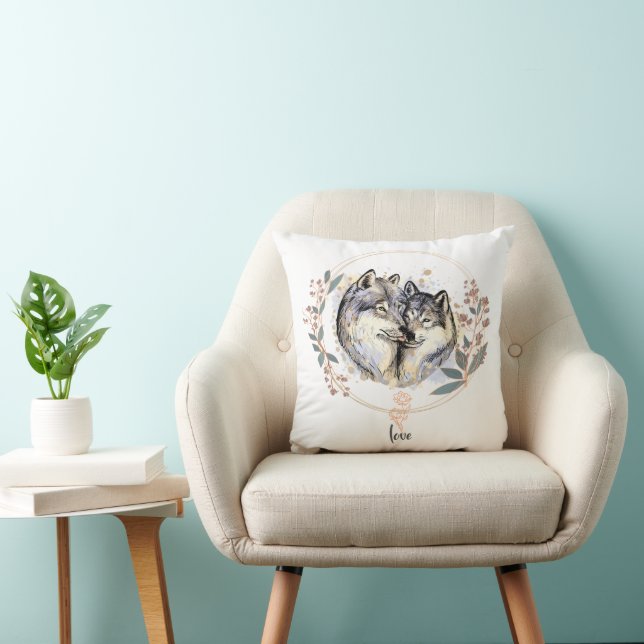 Coussin Affection Sauvage – Illustration de Loups Amoureux (Chaise)
