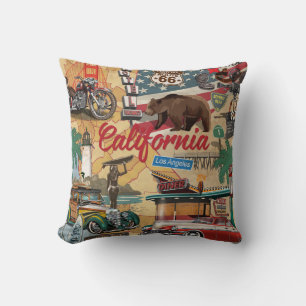 Coussin affiche de la Californie vintage avec attractions 