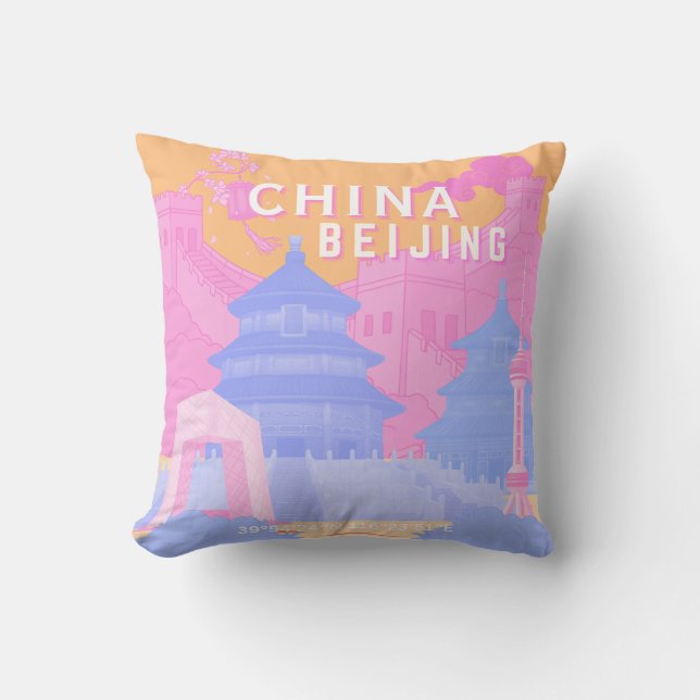 Coussin Affiche de voyage à Pékin Chine | Pastel rose et b (Recto)
