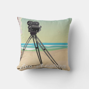 Coussin Affiche de voyage de plage d'appareil photo vintag