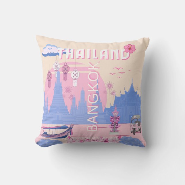 Coussin Affiche de voyage pastel bleu rose de Bangkok Thaï (Recto)
