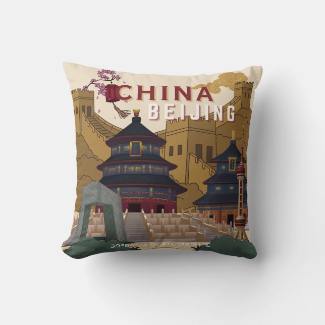 Coussin Affiche de voyage Pékin Chine | Illustration Vinta (Recto)