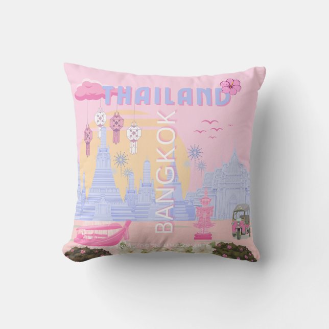 Coussin Affiche de voyage rose pastel bleu de Bangkok Thaï (Recto)