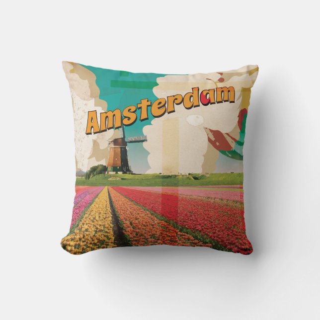 Coussin Affiche de voyage vintage d'Amsterdam (Recto)