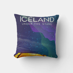 Coussin Affiche de voyage vintage 'Islande sous les étoile
