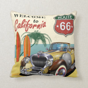 Coussin Affiche rétro "Bienvenue en Californie" de la rou