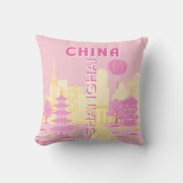 Coussin Affiche rose de voyage à Shanghai Chine (Recto)