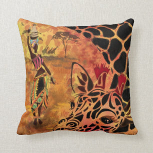 Coussin African Girl and Giraffe - Friends - Art Drawing -