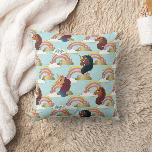 Coussin Afro Unicorn Arc en ciel et Motif des Coeurs (Couverture)