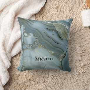 Coussin Agate Bébé Bleu Marbre Or Personnalisé Nom Lettre