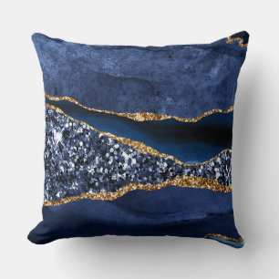 Coussin Agate de l'océan bleu marine élégant et paillettes