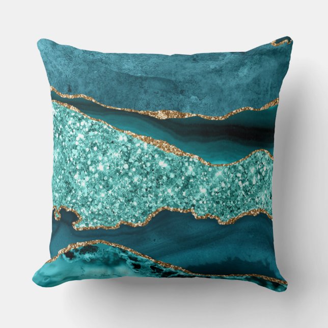 Coussin Agate de mer pailletée sarcelle et or élégante (Recto)