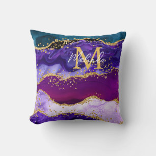 Coussin Agate Fausse Paillette Paon Violet et Bleu