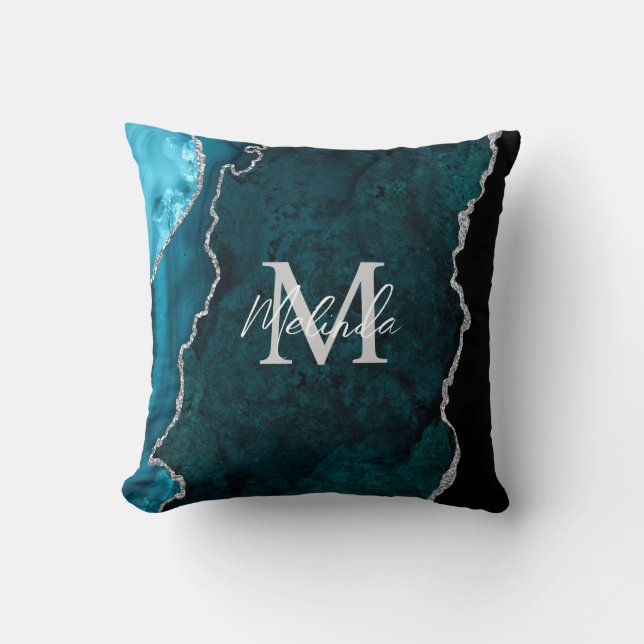 Coussin Agate Marbre Bleu Canard et Argent (Recto)