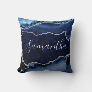 Coussin Agate Marbré Bleu et Faux Paillettes Argentées