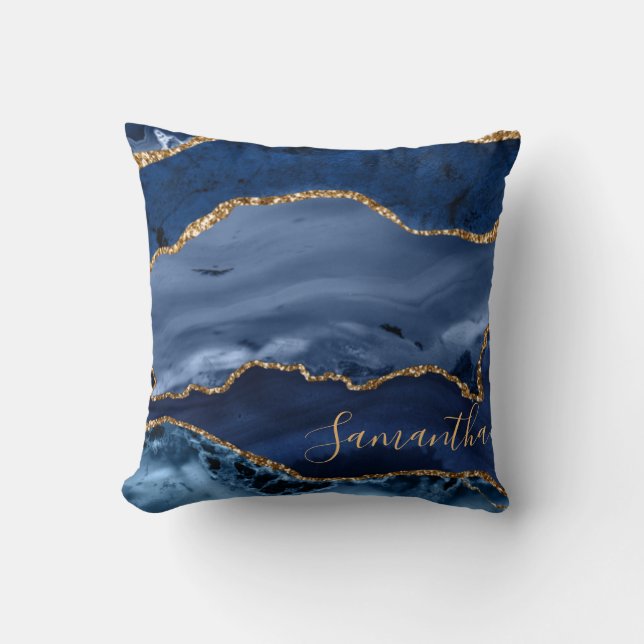 Coussin Agate Marbre Bleu Nuit et Faux Or Pailleté (Recto)