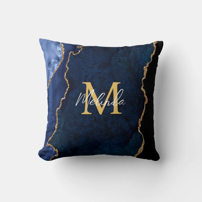 Coussin Agate Marbré Bleu Nuit et Or (Recto)