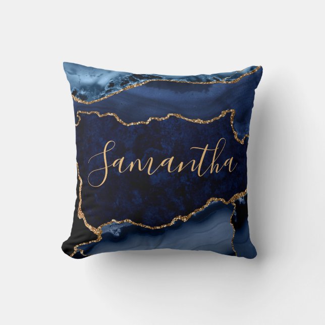 Coussin Agate Marbre Bleu Nuit et Paillettes de Faux Or (Recto)