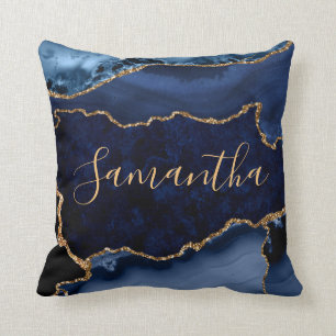 Coussin Agate Marbre Bleu Nuit et Paillettes de Faux Or