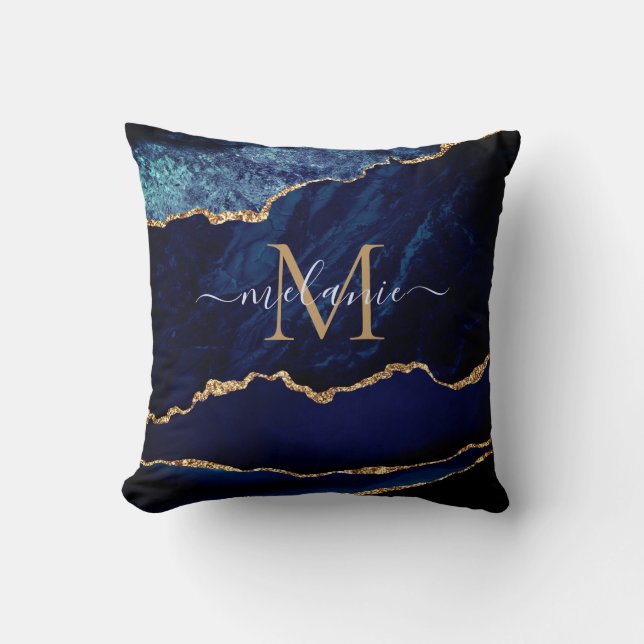 Coussin Agate Marine Parties scintillant en or bleu marbre (Recto)
