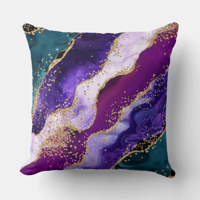 Coussin Agate Paon Pailleté Rose, Violet et Sarcelle (Recto)