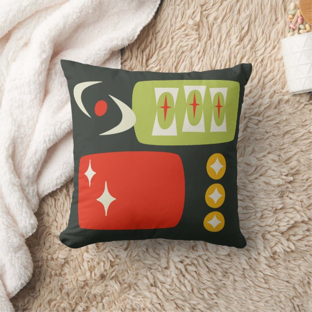 Coussin Âge atomique motif MCM en noir, rouge, vert (Couverture)