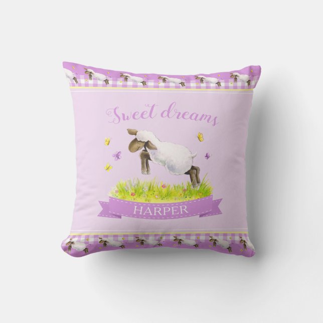 Coussin Agneau sautant mignon nom personnalisé violet (Recto)