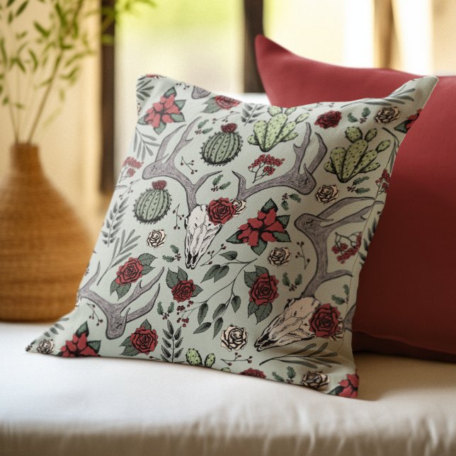 Coussin Agritourisme Noël Floral Cerf Antlers (Festive Southwestern Christmas Pillow. Chic Deer Skull, Antlers, Red Roses, Cacti & Poinsettias.)