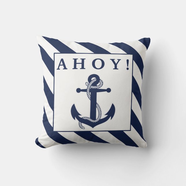 Coussin Ahoy ! Ancre nautique Bleu et Blancs de marine (Recto)