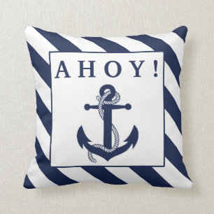 Coussin Ahoy ! Ancre nautique Bleu et Blancs de marine