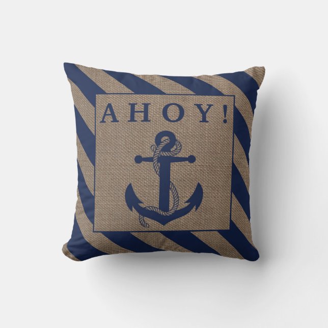 Coussin Ahoy ! Ancre nautique Bleu et bracelet marine (Recto)