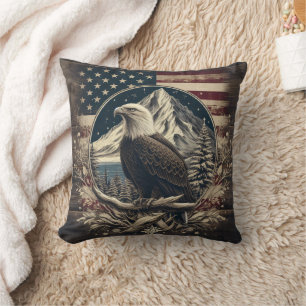 Coussin Aigle de Bald par Montagnes et Drapeau