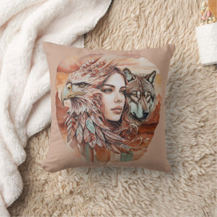 Coussin Aigle - Femme - Loup - art à l'aquarelle 1 - Fan F