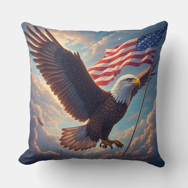 Coussin Aigle héroïque flottant drapeau américain patrioti (Recto)